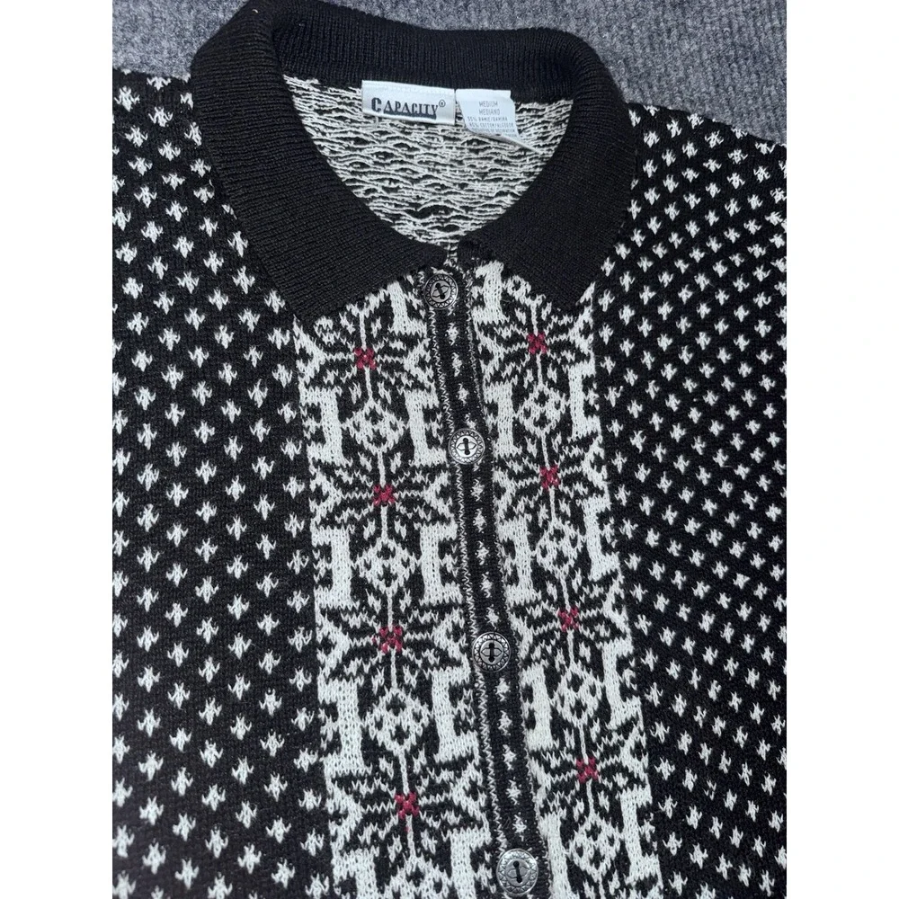 Y2K Capacity Fair Isle Collared Button Cardigan Sweater Black White Red M - Picture 4 of 13